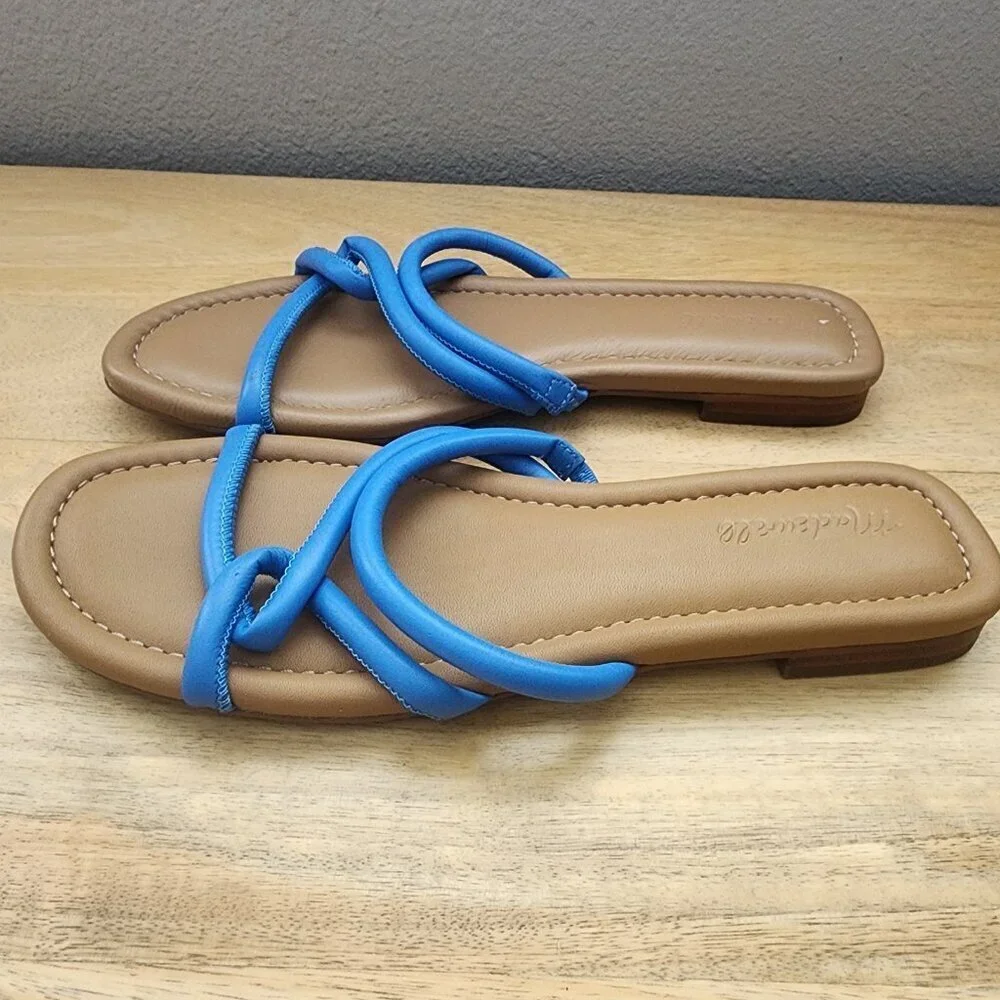 Madewell The Amel Slide Ornamental Blue Leather Sandals Womens Size 10